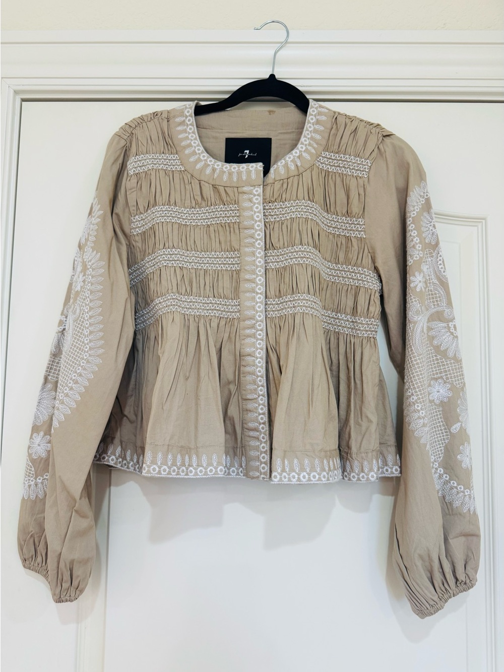 7 For All Mankind Beige Button-Front Embroidered Peasant Top